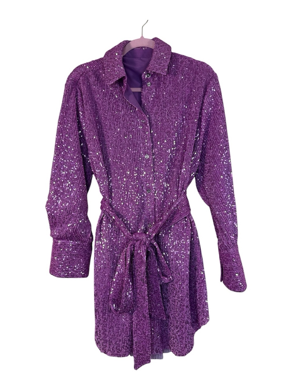 Stine Goya Purple Sequined Long Sleeve Shirt Dress Womens XS Mini Glam Luxury